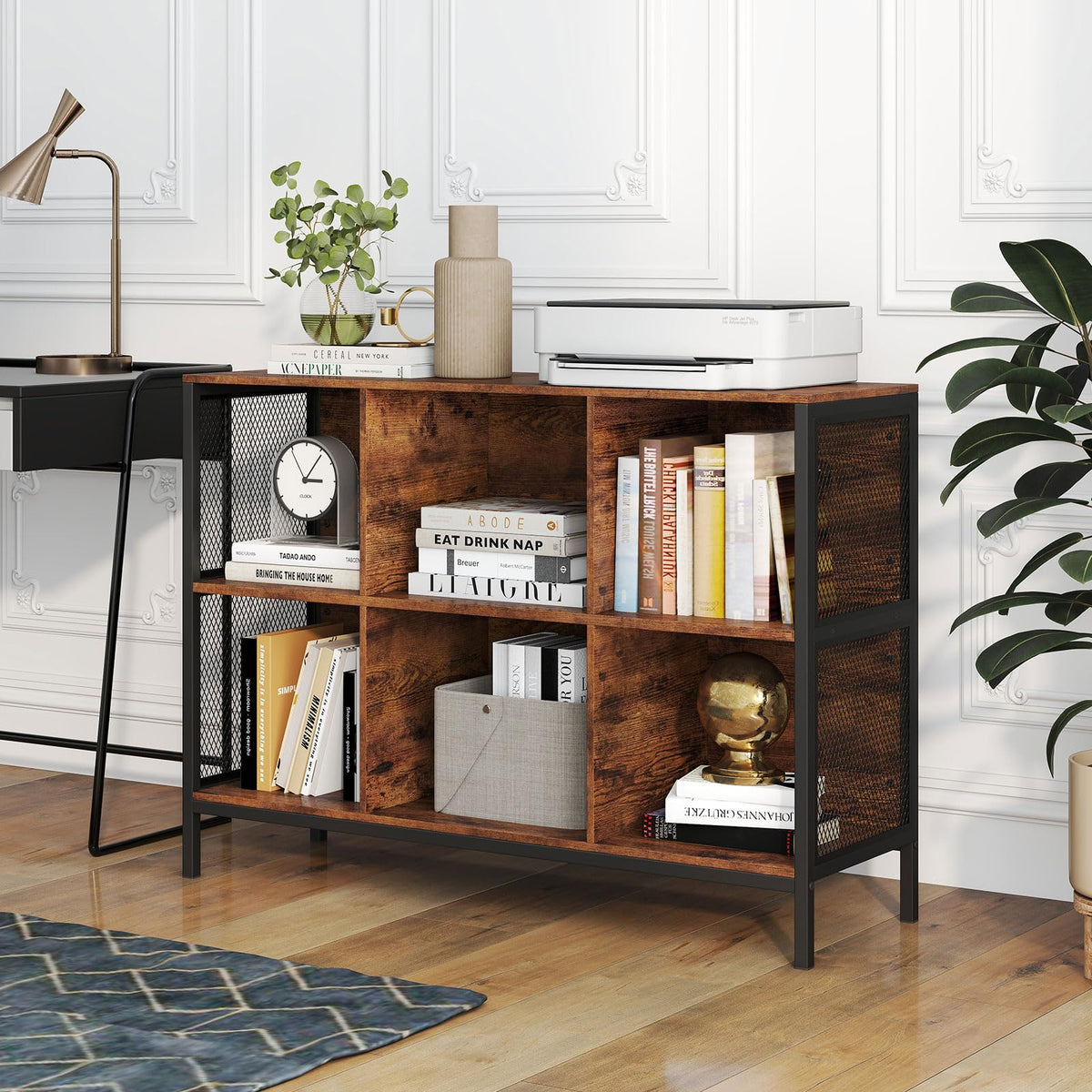 6 Cube Bookcase 110cm Wide Horizontal Bookshelf with Heavy-Duty Metal Frame