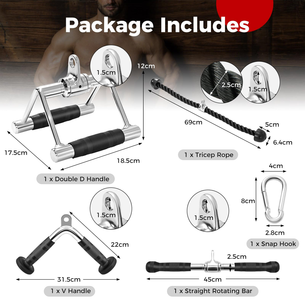 Cable Machine Attachment Set, LAT Pulldown Attachments incl. V-Shaped Press Down Handle
