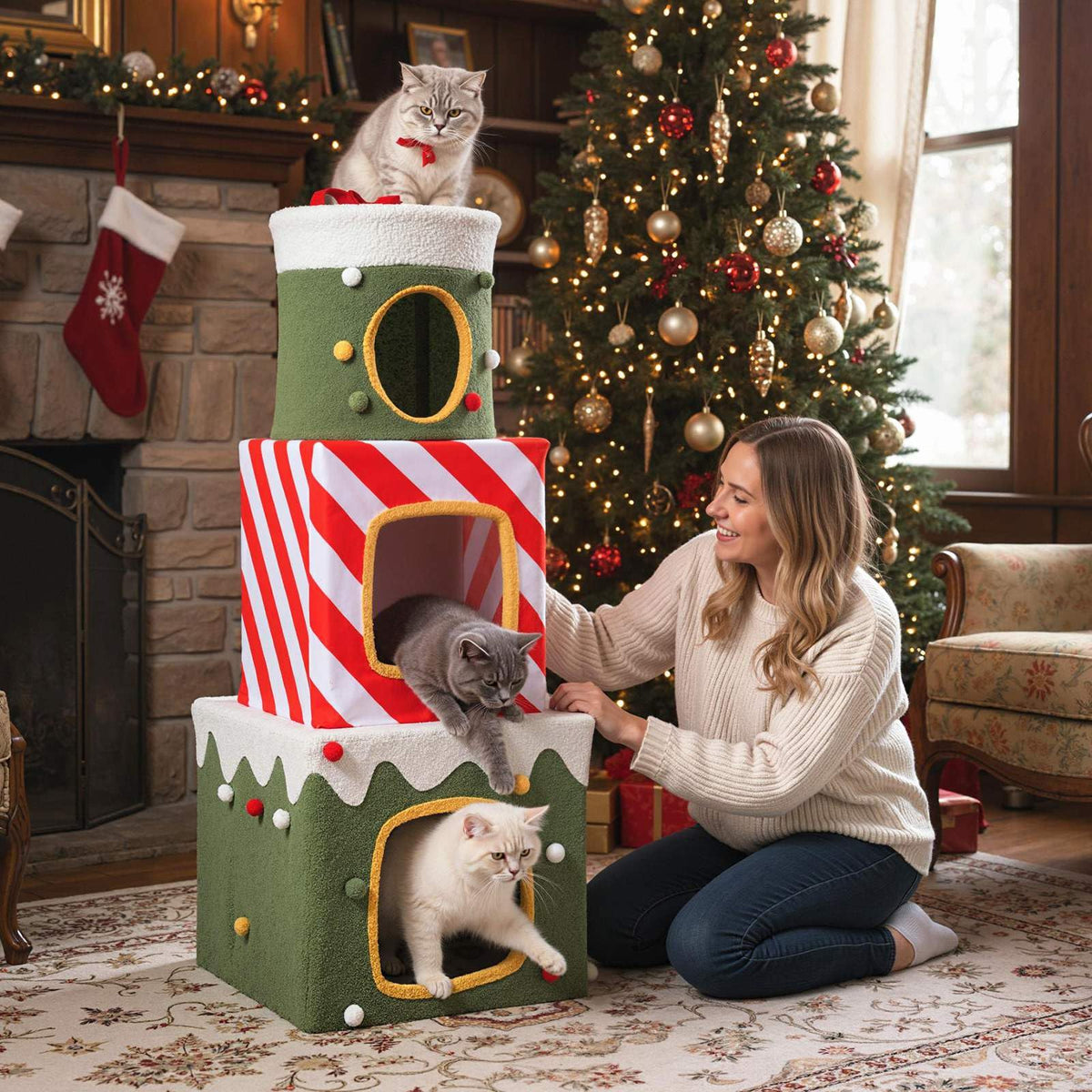 Stackable Cat Tree 120 cm Christmas Cat Tree Stackable with 3 Condos and Dangling Ball ...