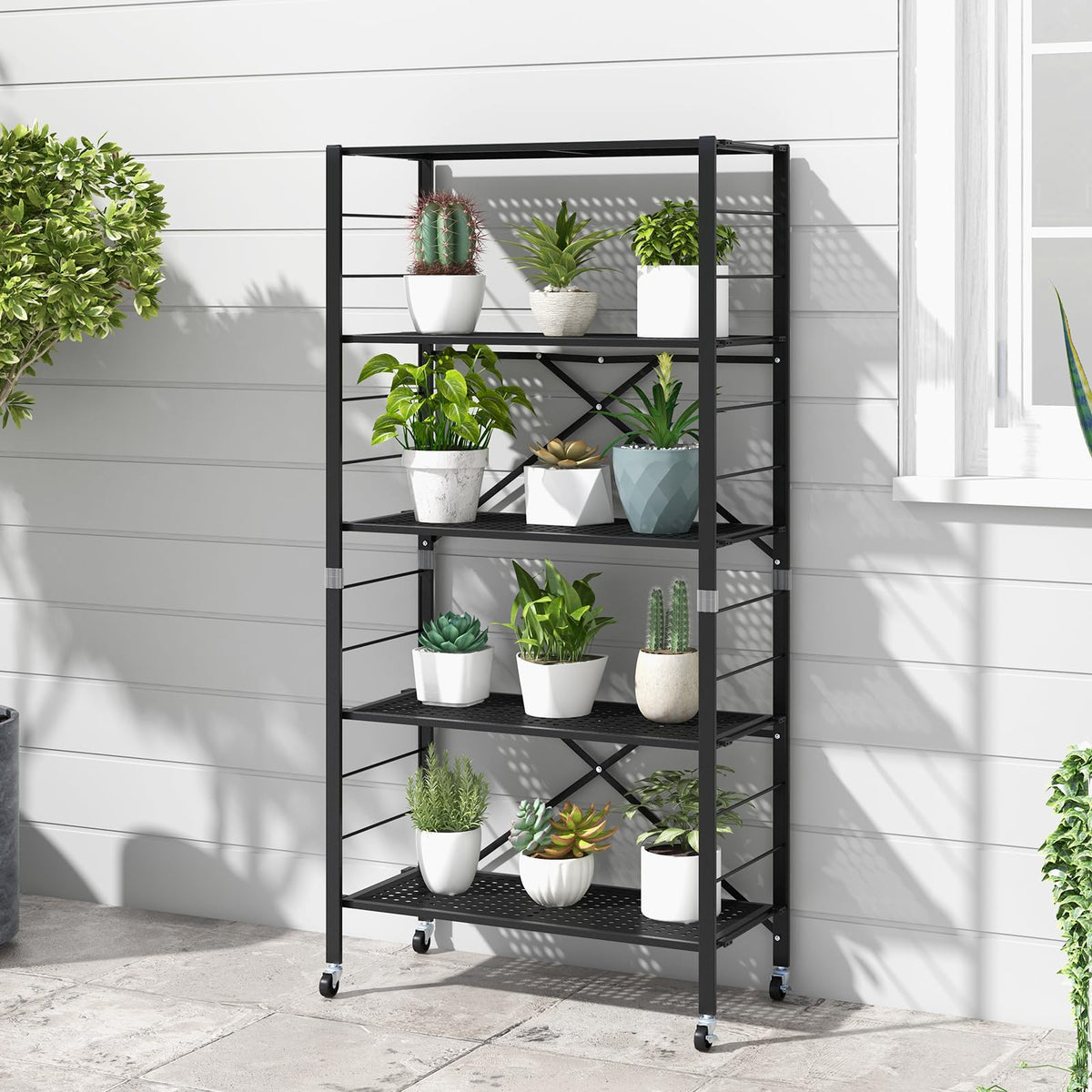 Giantex Folding Storage Shelves, 5-Tier Metal Collapsible Shelves with Wheels