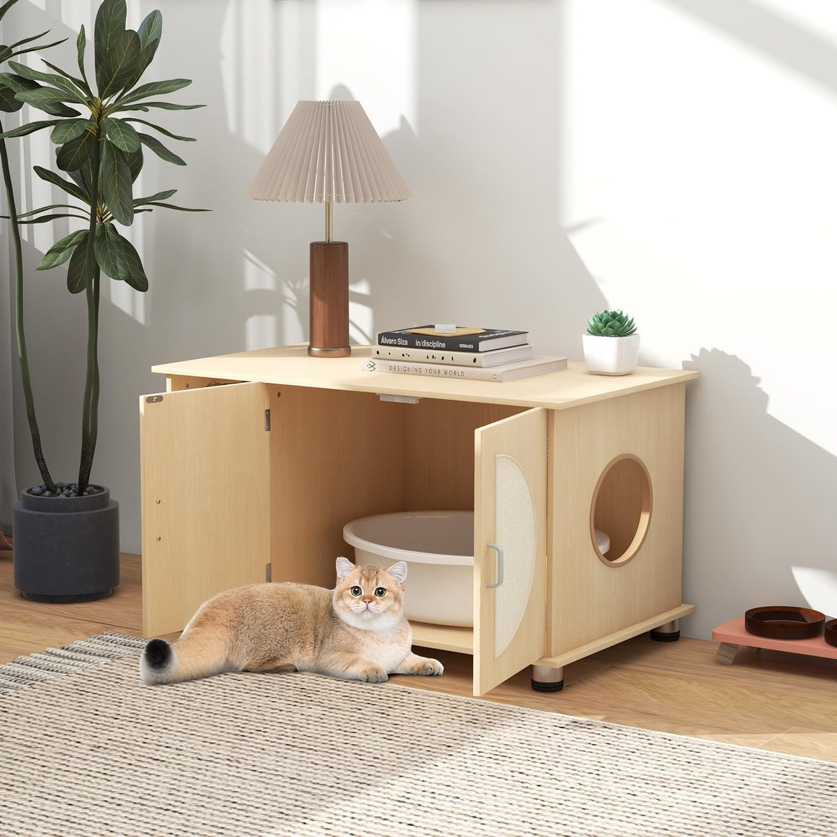 Cat Litter Box Enclosure w/Sisal Scratching Doors, Adjustable Metal Feet