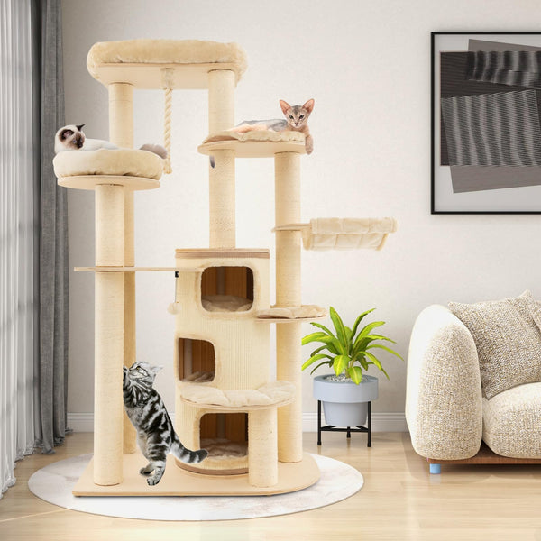 Multi-Level Cat Tree, Solid Wood Cat Tower with 3-Story Cat Condo 2 Perches