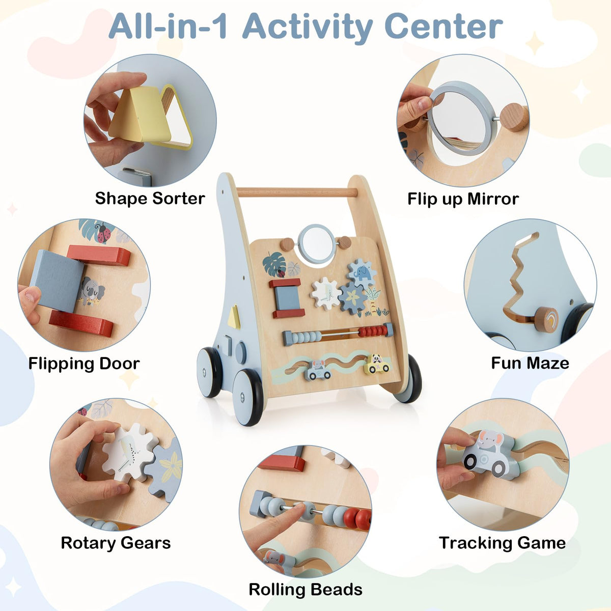 Wooden Baby Walker with Storage for Motor Skill Development
