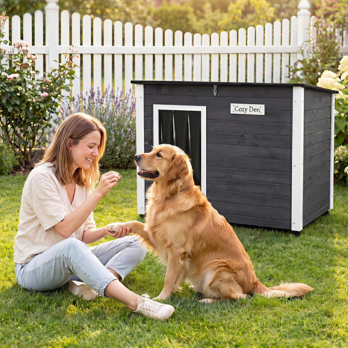 Wooden Dog House Outdoor Weatherproof with PVC Curtain 2 Size