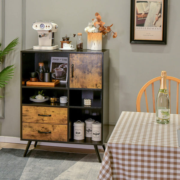 Giantex Mid-Century Buffet Sideboard, Industrial Kitchen Cupboard with Single Door, 2 Drawer & 4 Open Compartments