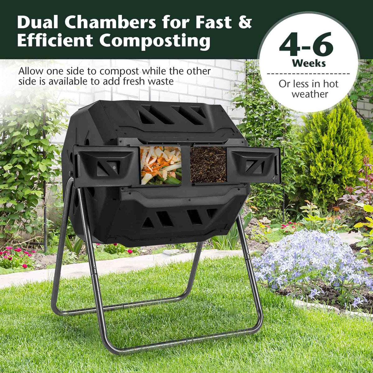 utdoor Tumbling Composter, 160 L Portable Garden Compost Bin W/Dual Chamber