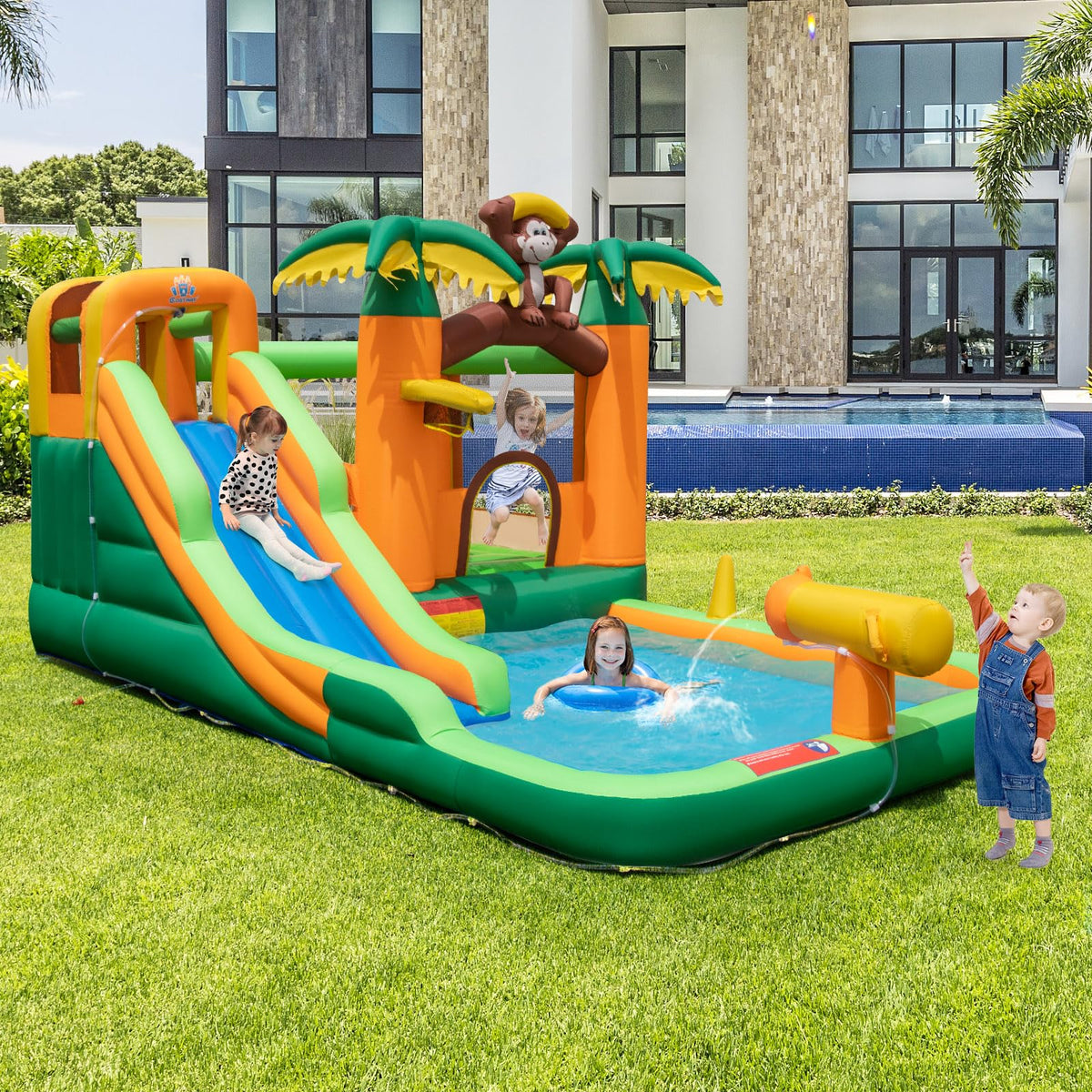 7-in-1 Bounce House Water Park w/Splash Pool, Water Cannon, Ring-toss Game, Climbing Wall