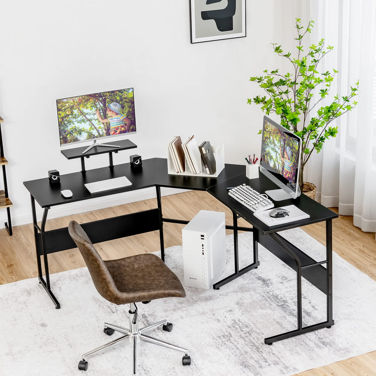 L-Shaped Computer Desk, Home Office Reversible Corner Desk, Movable Monitor Stand, Adjustable Foot Pads