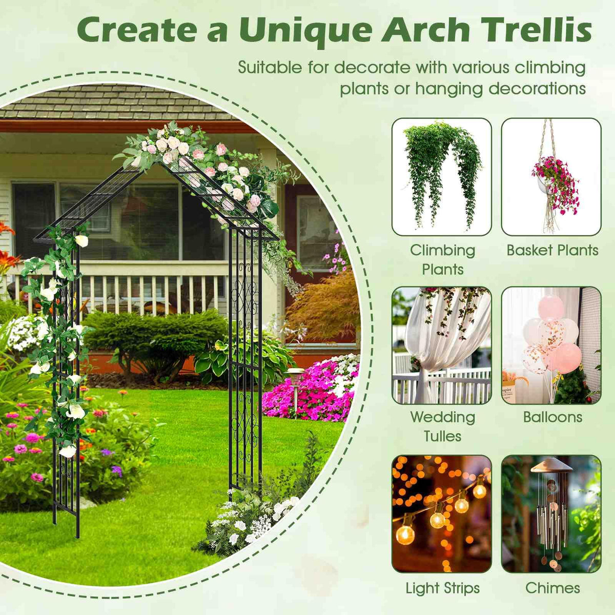 Modern Garden Arbor, Garden Trellis Pergola w/Multiple Side Crossbars, 4 Ground Stakes, Stylish Roof-shaped Top