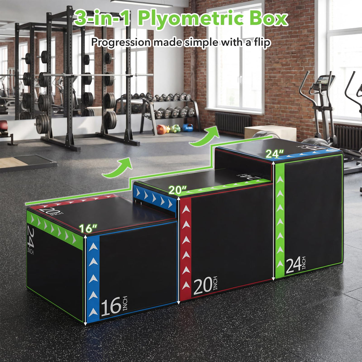 3-in-1 Plyometric Jump Box, 16"x20"x24" Soft Foam Plyo Box with 3 Heights