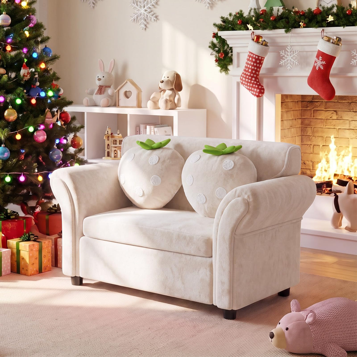 Kids' Couch with 2 Strawberry Throw Pillows with Flannel Upholstery and Solid Wooden Frame