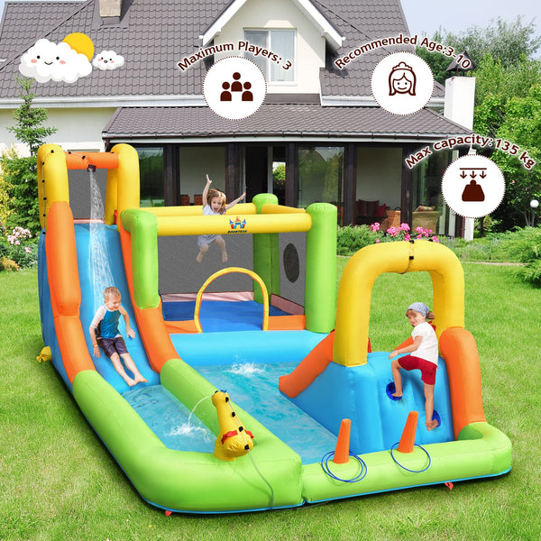 Inflatable Water Slide, Inflatable Bounce House w/Double Slides, Basketball Hoop