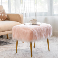 Giantex Faux Fur Vanity Stool, Square Furry Ottoman Seat w/Golden Metal Legs