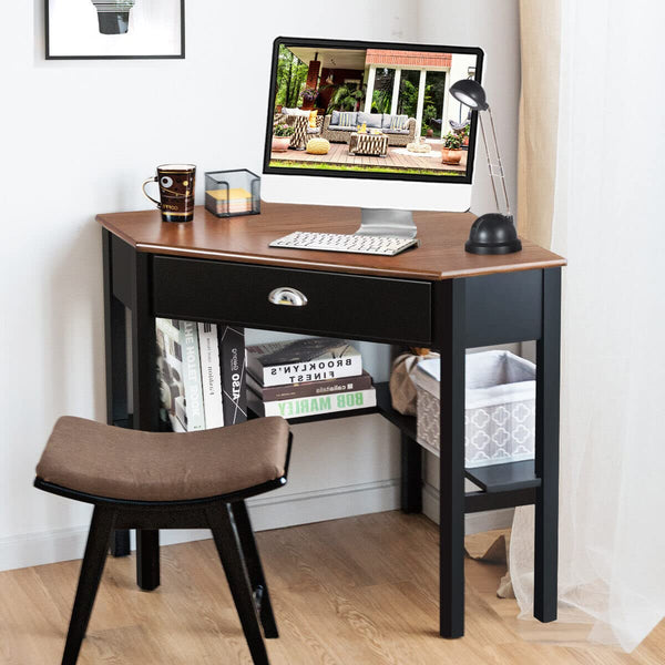 Giantex Wood Corner Computer Desk, Compact Writing Table w/Drawer & Shelves