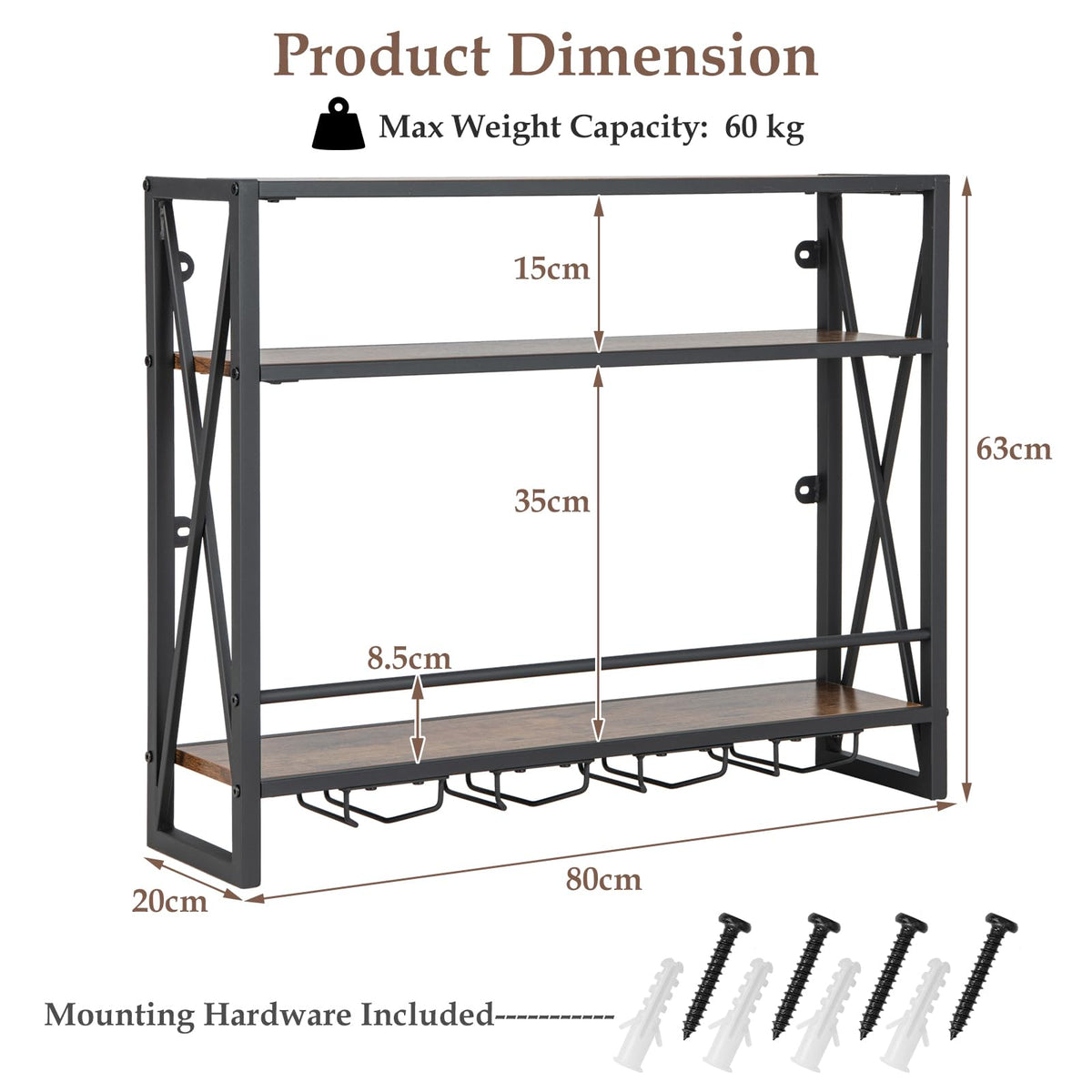 Industrial Wall Mounted Wine Rack, 3 Tiers Metal Hanging Wine Shelf