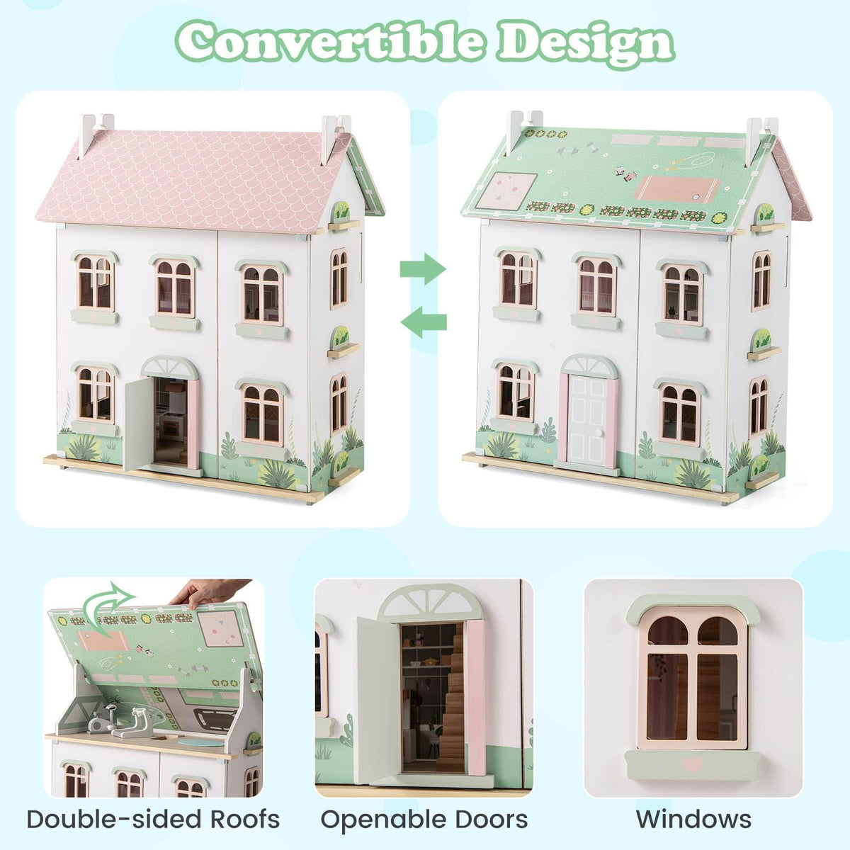 Kids Wooden Dollhouse with Double-Sided Roofs and Openable Doors