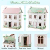Kids Wooden Dollhouse with Double-Sided Roofs and Openable Doors