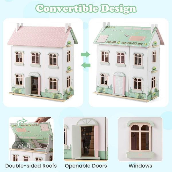 Kids Wooden Dollhouse with Double-Sided Roofs and Openable Doors