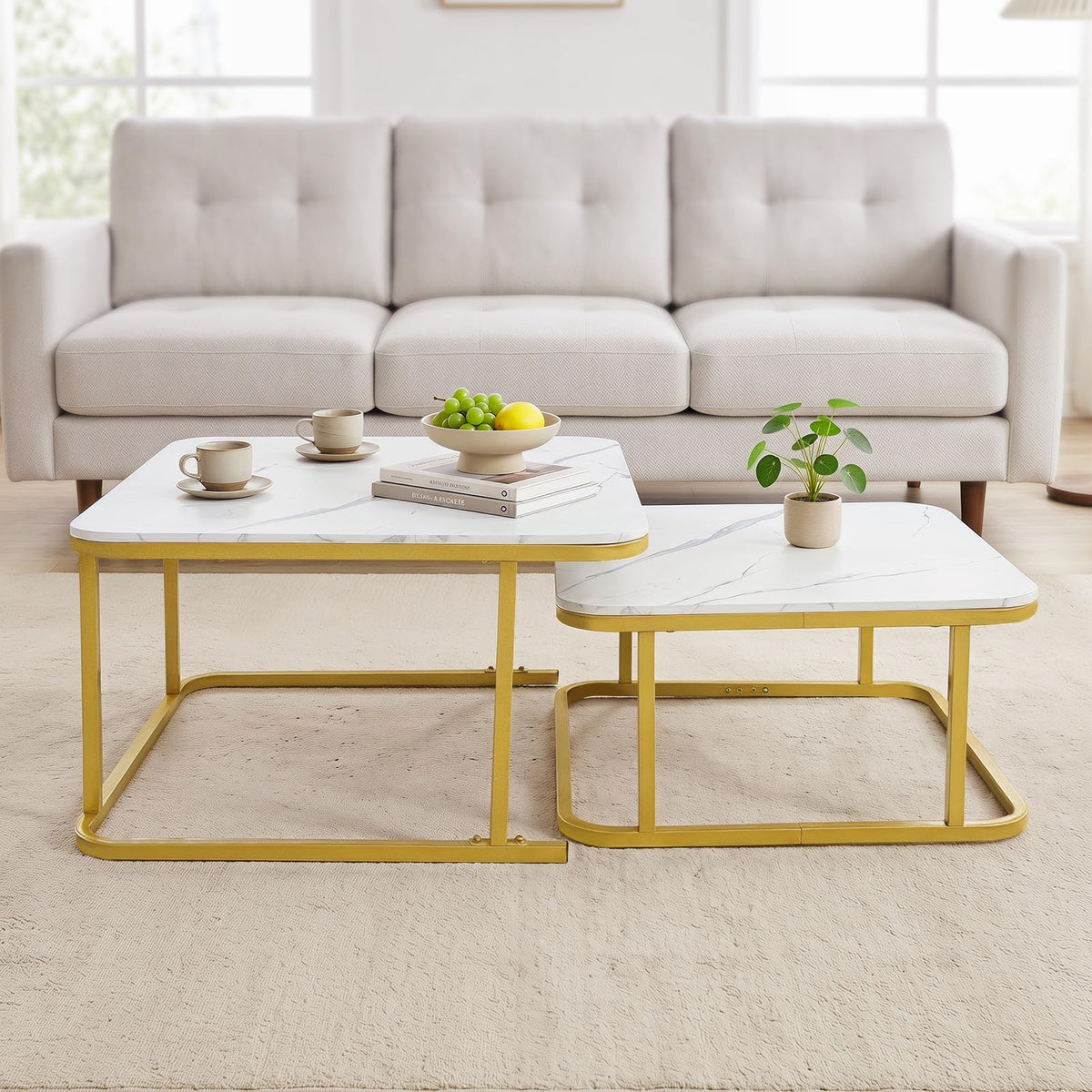 Nesting Coffee Table Set of 2 with Faux Marble Tabletop and Metal Frame for Living Room Bedroom
