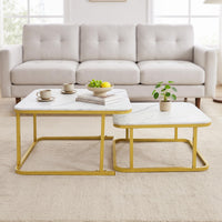 Nesting Coffee Table Set of 2 with Faux Marble Tabletop and Metal Frame for Living Room Bedroom