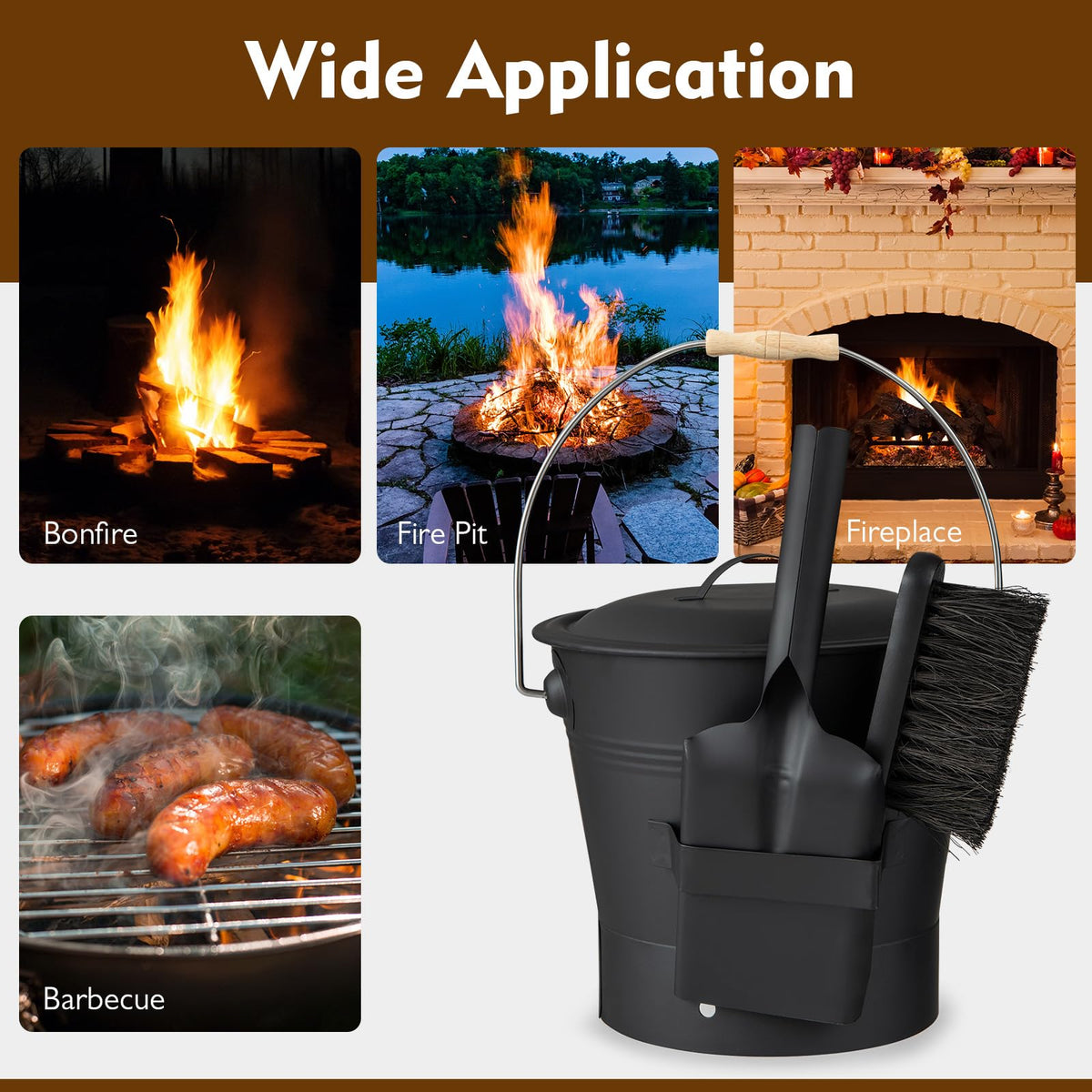 Fireplace Ash Can with Handle Gloves and Tools for Wood Burning Stoves