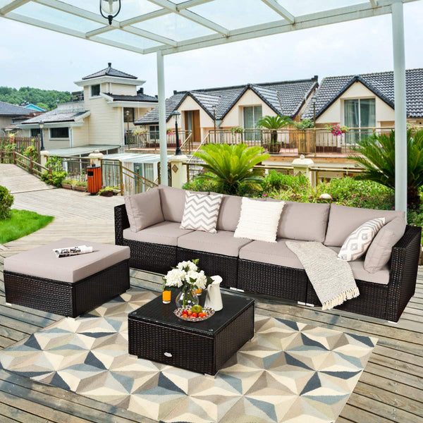 6 PCS Outdoor Rattan Sofa Set, Cushioned Sectional Set with Seat & Back Cushions