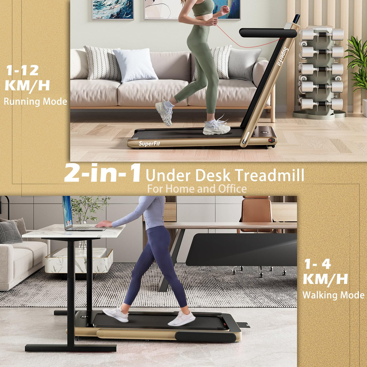 2-in-1 Walking & Running Treadmill,Folding Under Desk Walking Pad