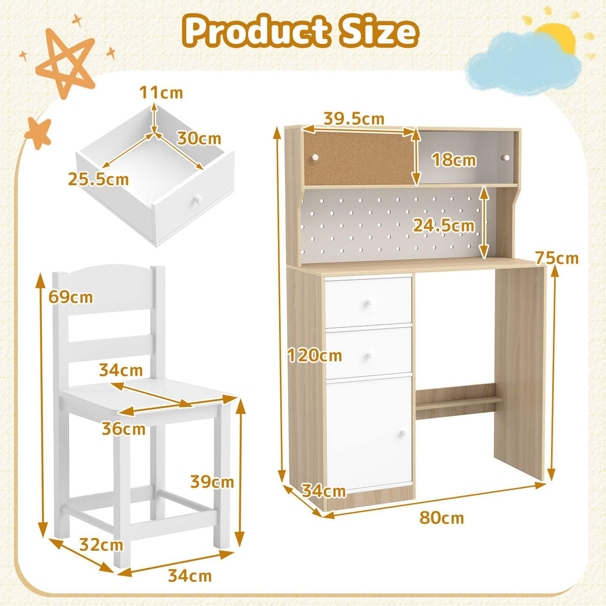 Kids Desk and Chair Set, Wooden Study Desk