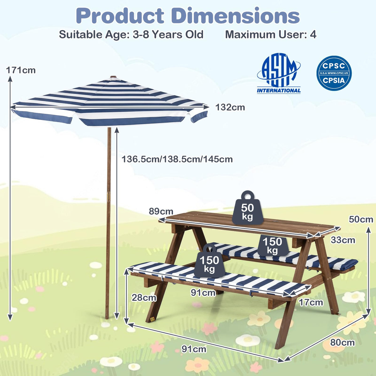 Kids Picnic Table with Bench, Fir Wood Toddler Outdoor Table Set