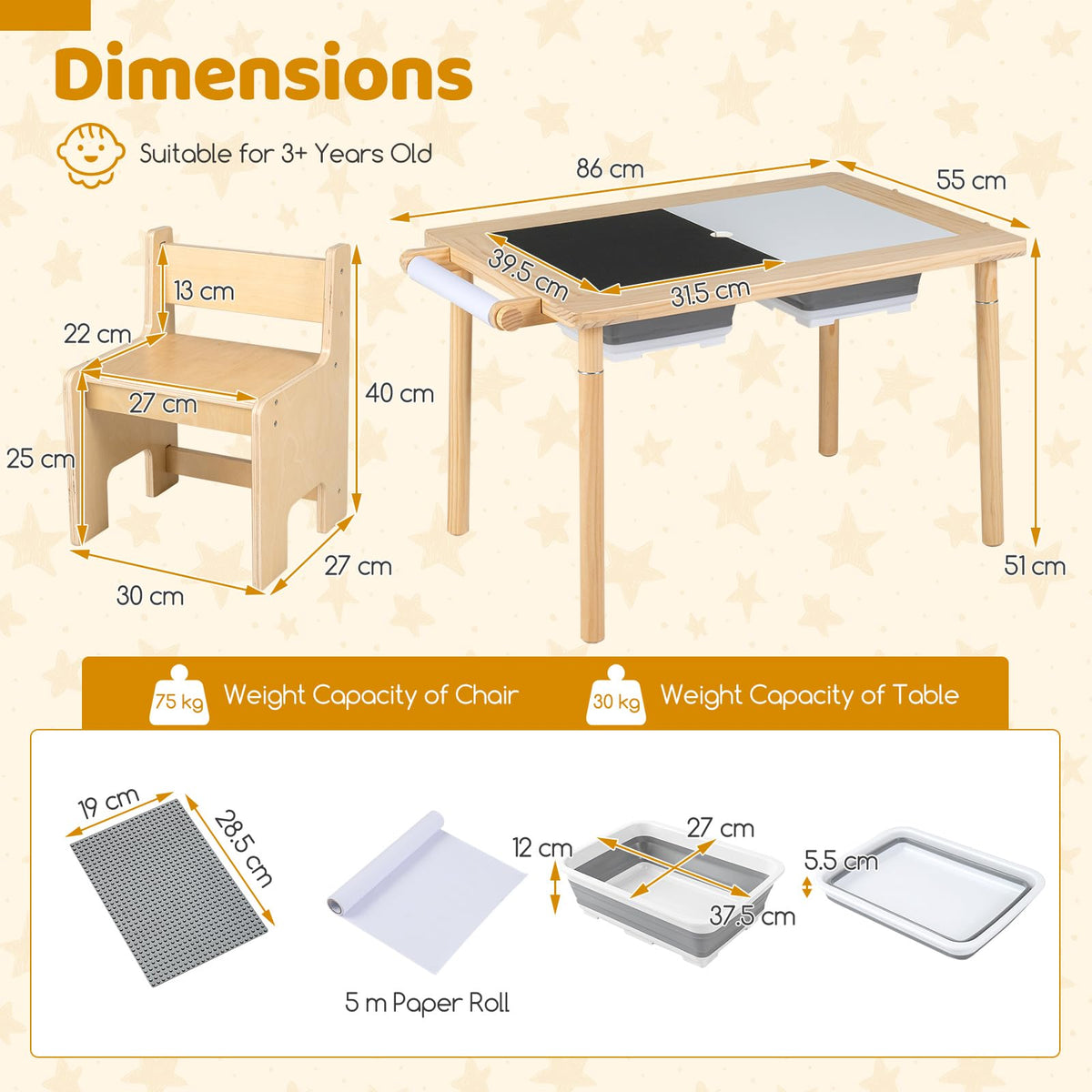 Kids Sensory Table and Chair Set with Adjustable Height 2 Bins for Water Sand Play