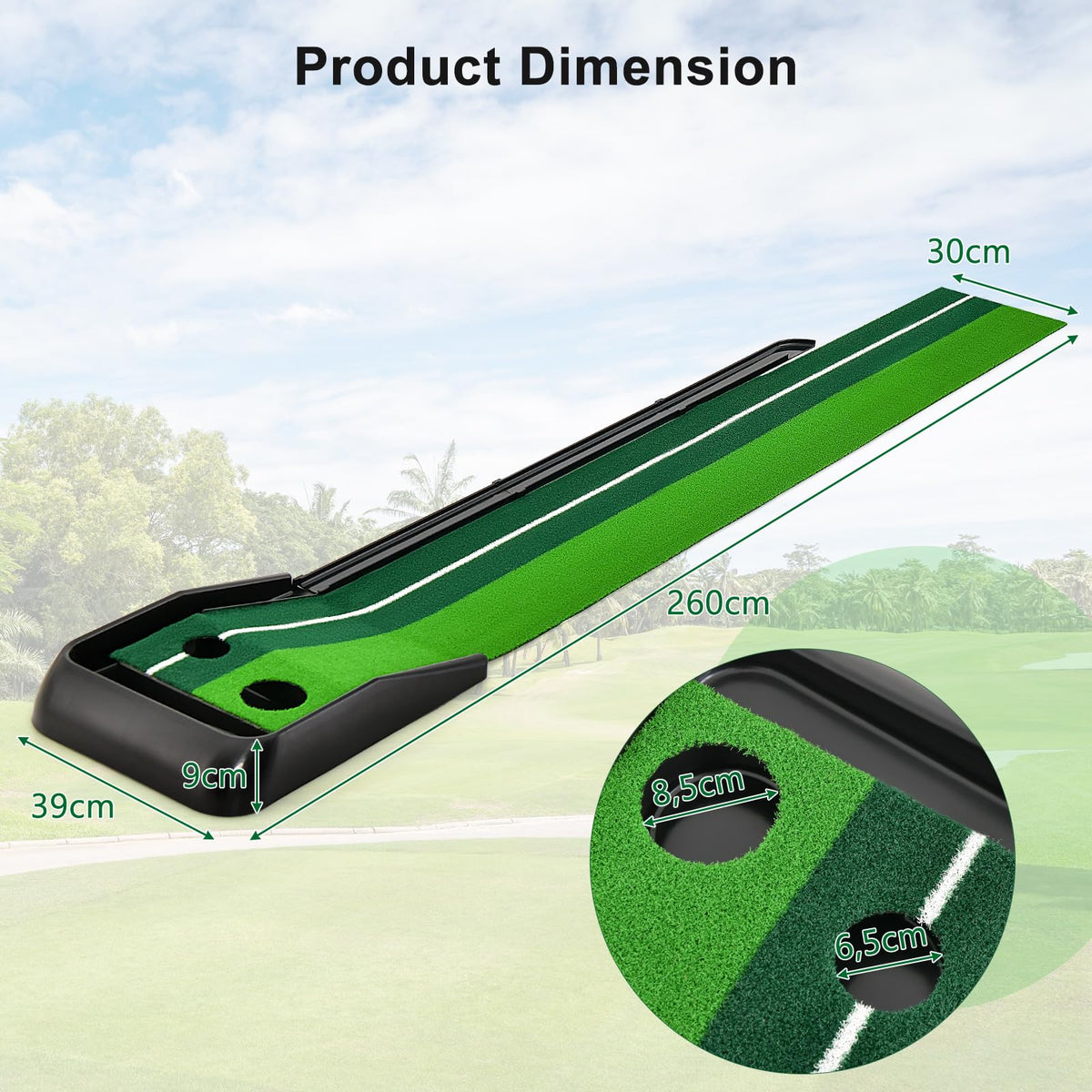 250 CM Putting Green, Premium Golf Practice Turf with Simulate Grass Turf