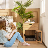 Furniture Style Dog Crate with Wired & Wireless Charging, Decorative Dog Kennel End Table w/Drawer, Removable Dog Bed