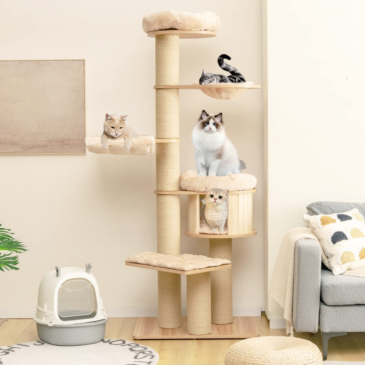 191cm Multi-Level Cat Tree Tower for Indoor Cats, Large Cat Tree Stand w/Wood Cat Condo