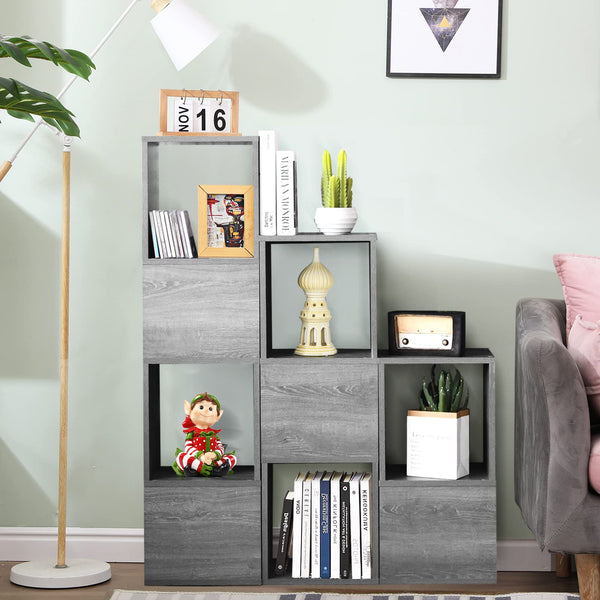 Giantex Wooden 9-Cube Bookcase, Free Combination Bookshelf, Multifunctional Storage Organizer, Grey