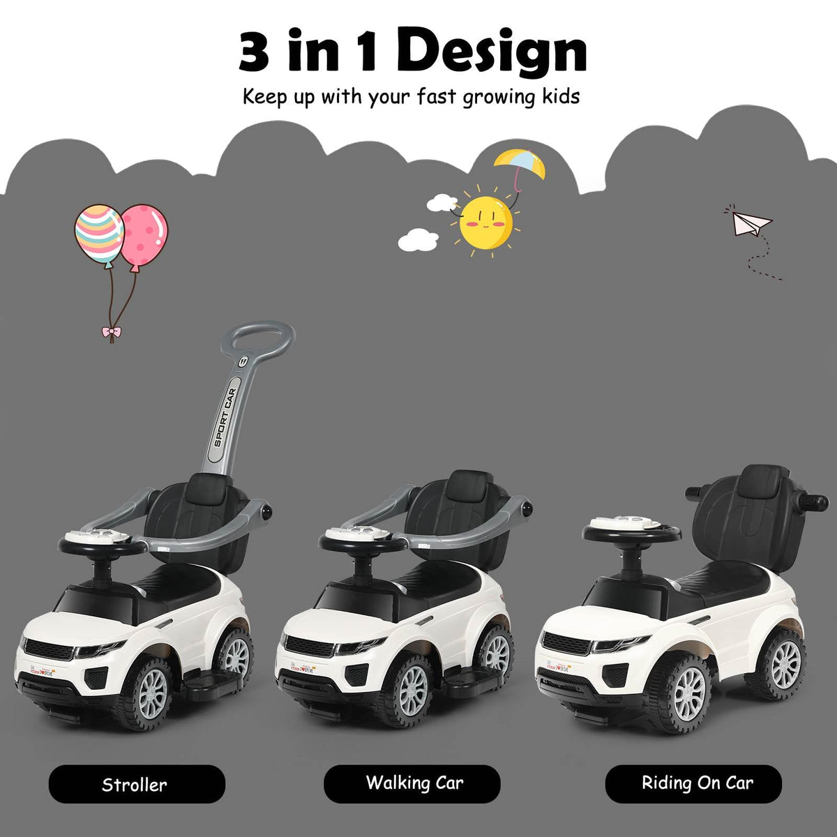 3 in 1 Kids Ride On Push Car, Sliding Walking Car with Horn, Music, Light