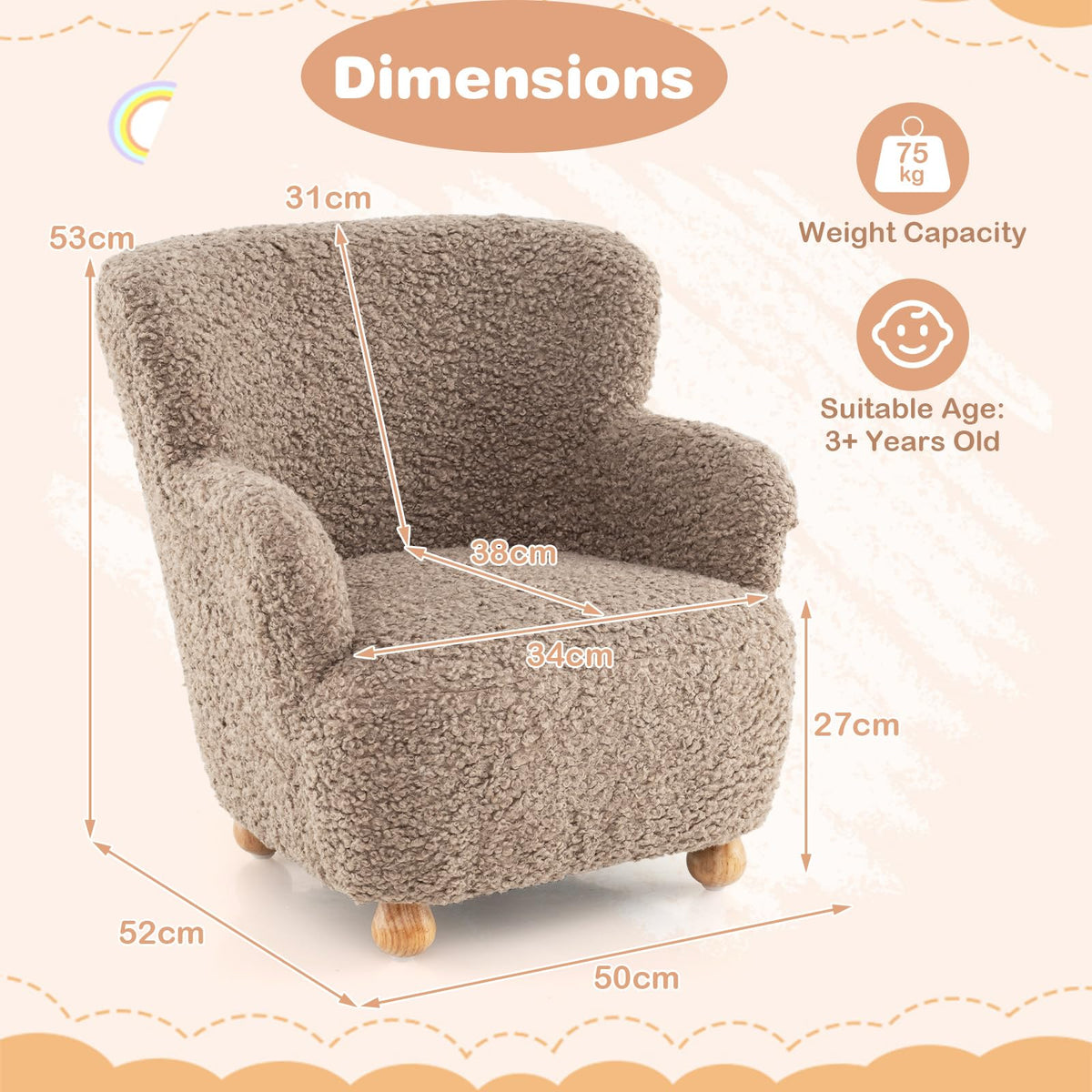 Kids Sofa, Comfy Toddler Armchair with Solid Rubber Wood Legs