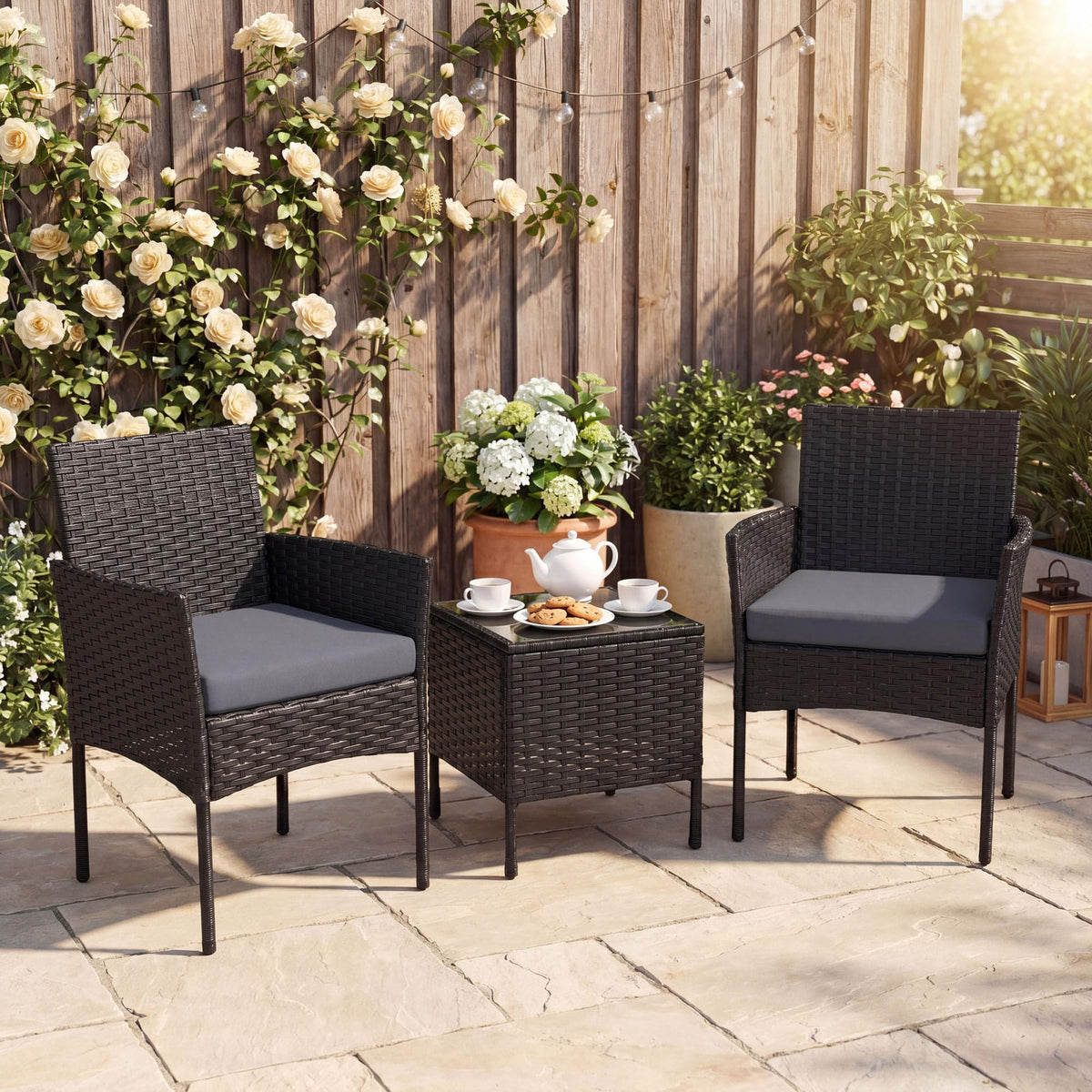 PE Rattan 3-Piece Patio Bistro Set with Tempered Glass Table