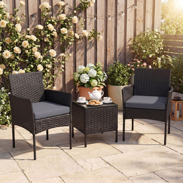 PE Rattan 3-Piece Patio Bistro Set with Tempered Glass Table