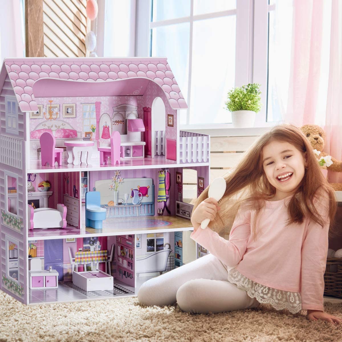 Pretend Play Kids Doll’s House w/3 Floors & 5 Rooms, Princess Mini Toy House Furniture Playset