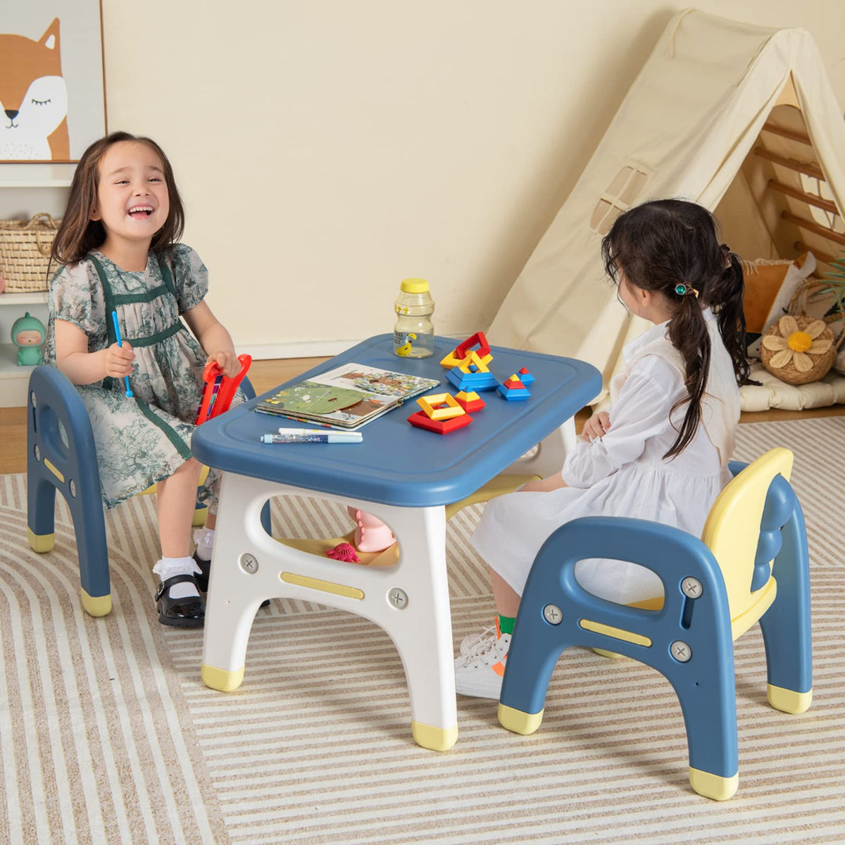 Kids Table and Chairs Set, 3-Piece Activity Table Set for Children w/Curved Storage Shelf for Arts