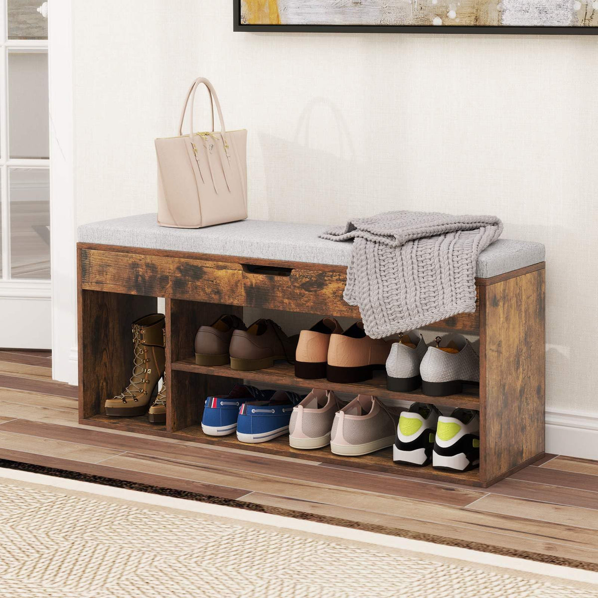 Shoe Bench w/Padded Seat, Shoes Rack w/Hidden Storage