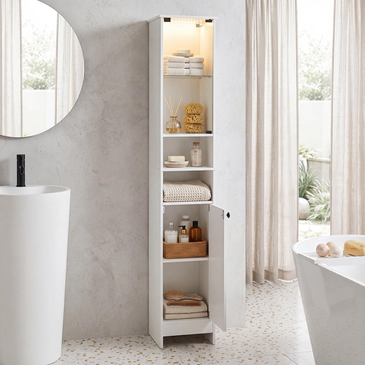 Tall Bathroom Cabinet with Lights & Press-to-Open Door