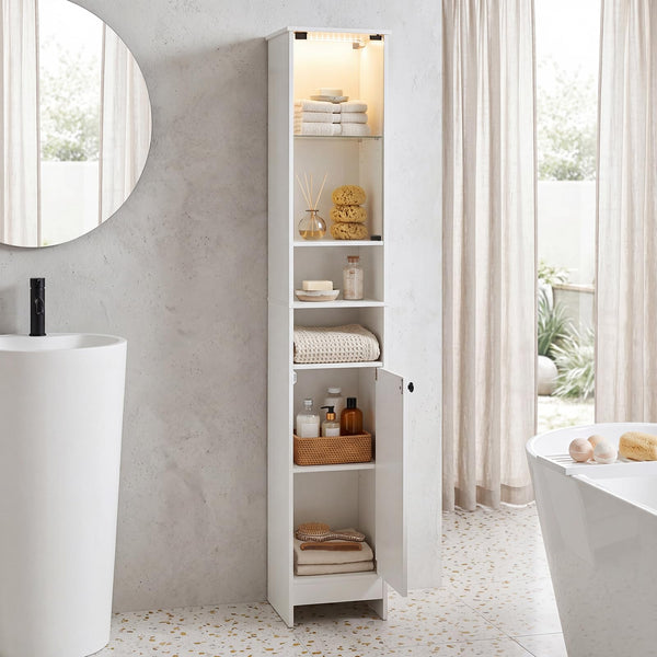 Tall Bathroom Cabinet with Lights & Press-to-Open Door
