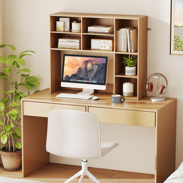Desktop Bookshelf, Desk Hutch with 3 Adjustable Shelves & Open Compartment