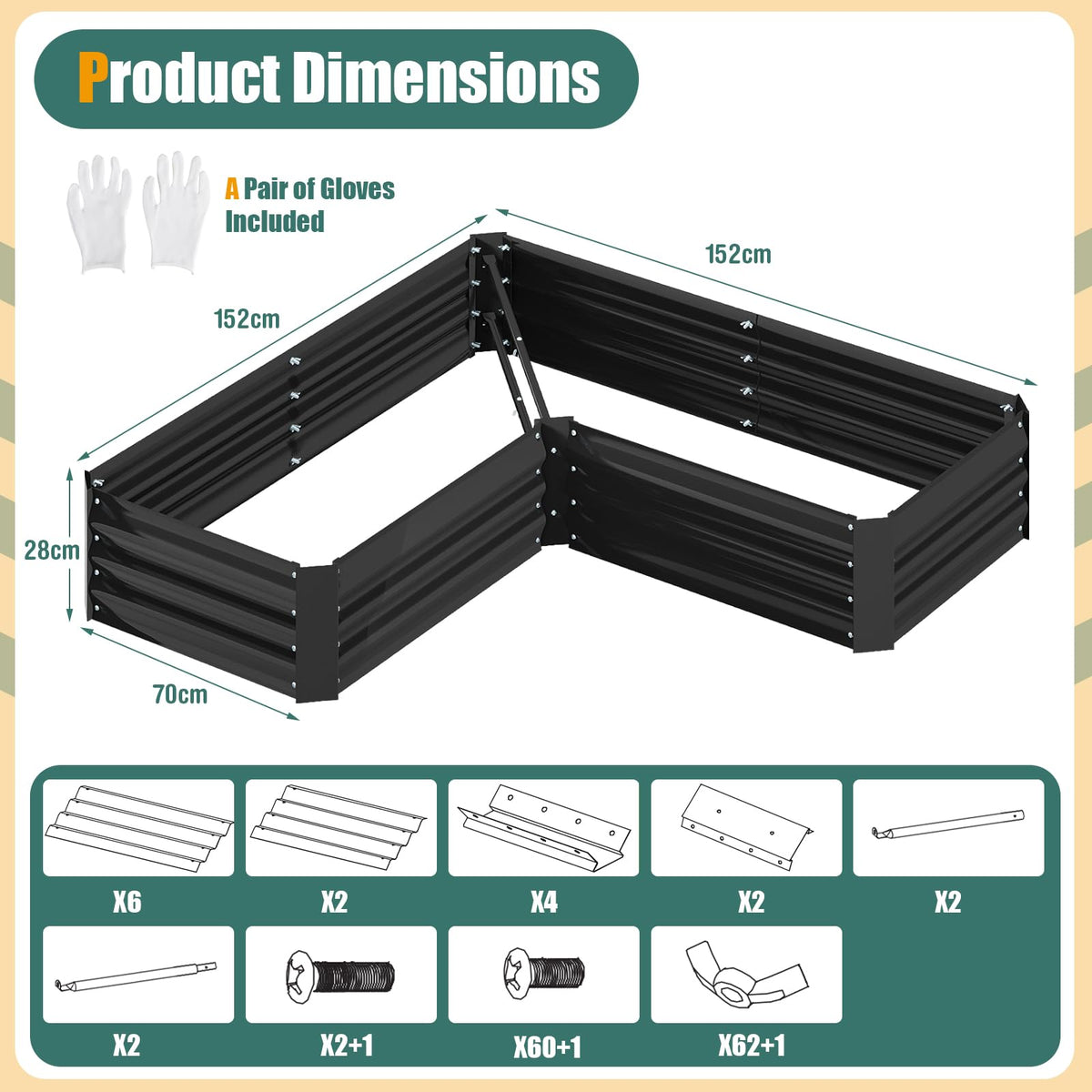 152 x 152 x 28 cm Metal/Galvanized Raised Garden Bed Kit Anti-Rust Planter Box with Open Bottom