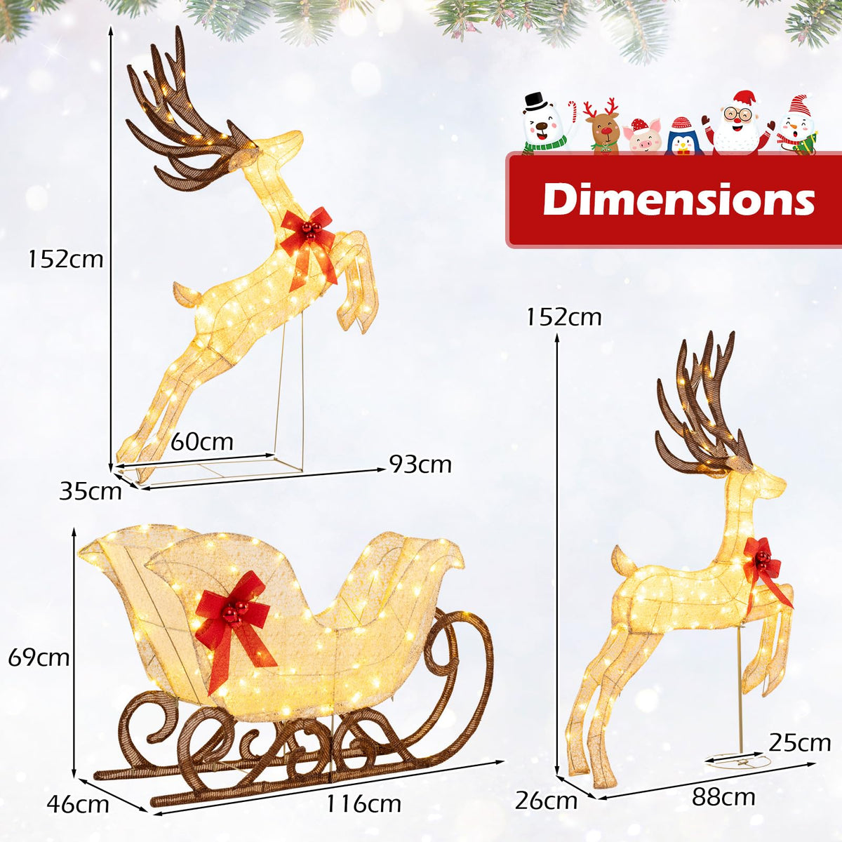 3-Piece Christmas Lighted Reindeer & Sleigh Set, Lighted Xmas Deer Decoration