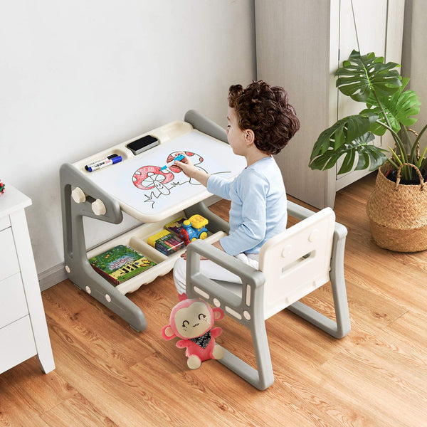 Kids Table & Chair, 2 in 1 Toddler Art Easel w/Adjustable Painting Board