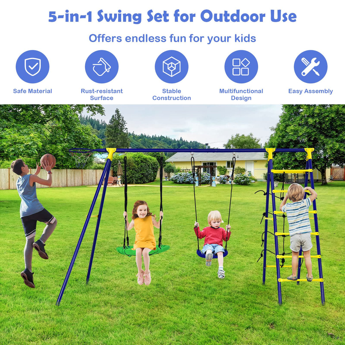 5-in-1 Outdoor Backyard Kids Swing Set with A-Shaped Metal Frame