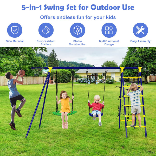 5-in-1 Outdoor Backyard Kids Swing Set with A-Shaped Metal Frame