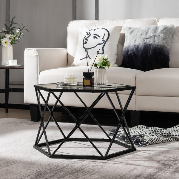 Giantex Geometric Glass Coffee Table, Hexagonal Central Table w/Tempered Glass Top & Metal Frame